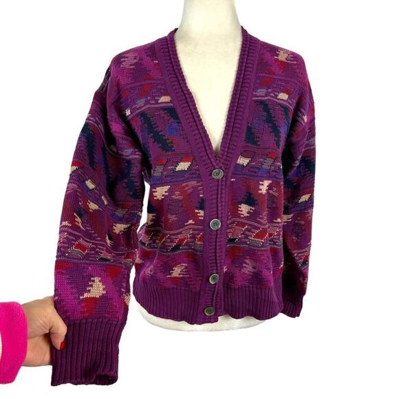 Vintage Tricots St. Raphael Purple Multicolor Western Cardigan Sweater Cotton S - Picture 3 of 14